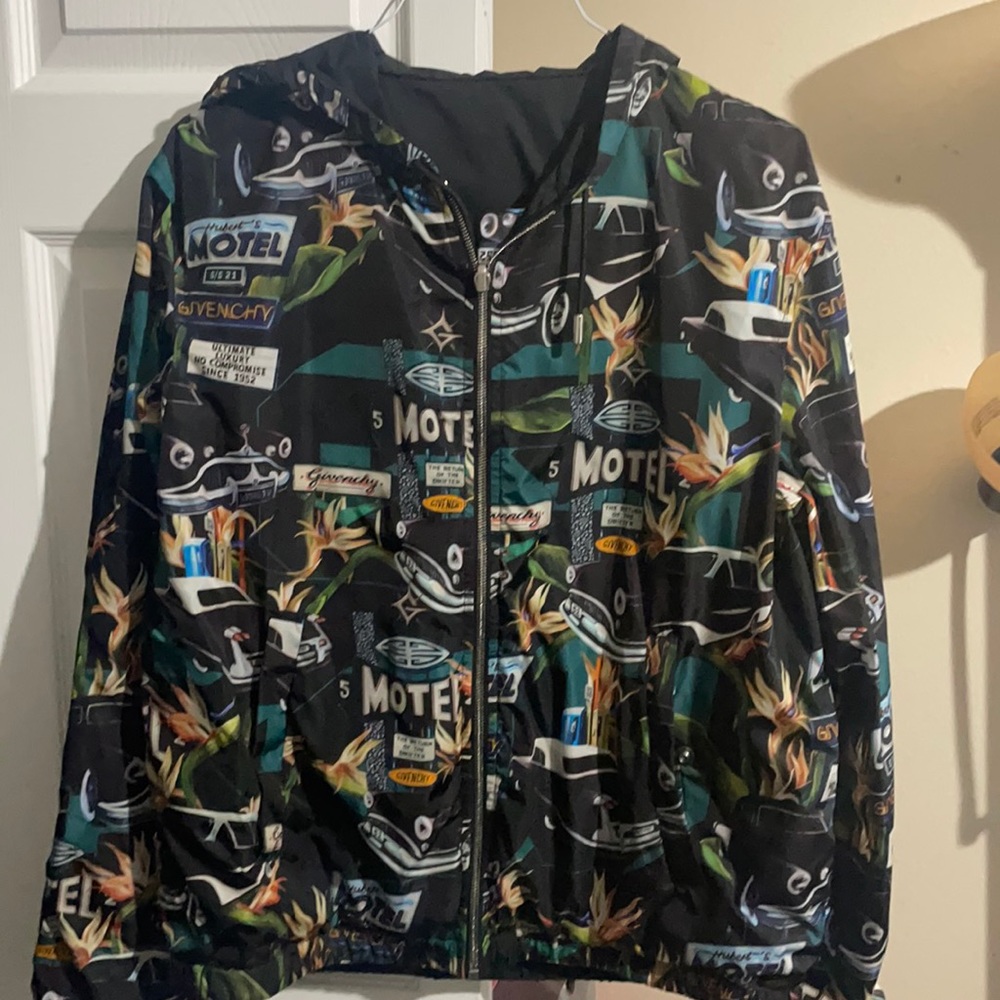 reversible motel print hooded jacket